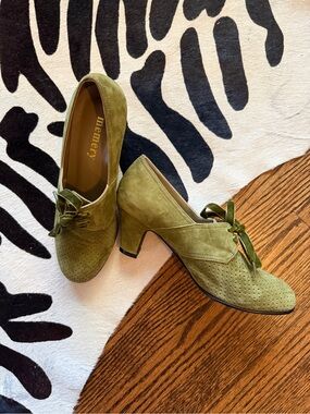 Memery Olive Suede Perforated Tie-Front Block Heels